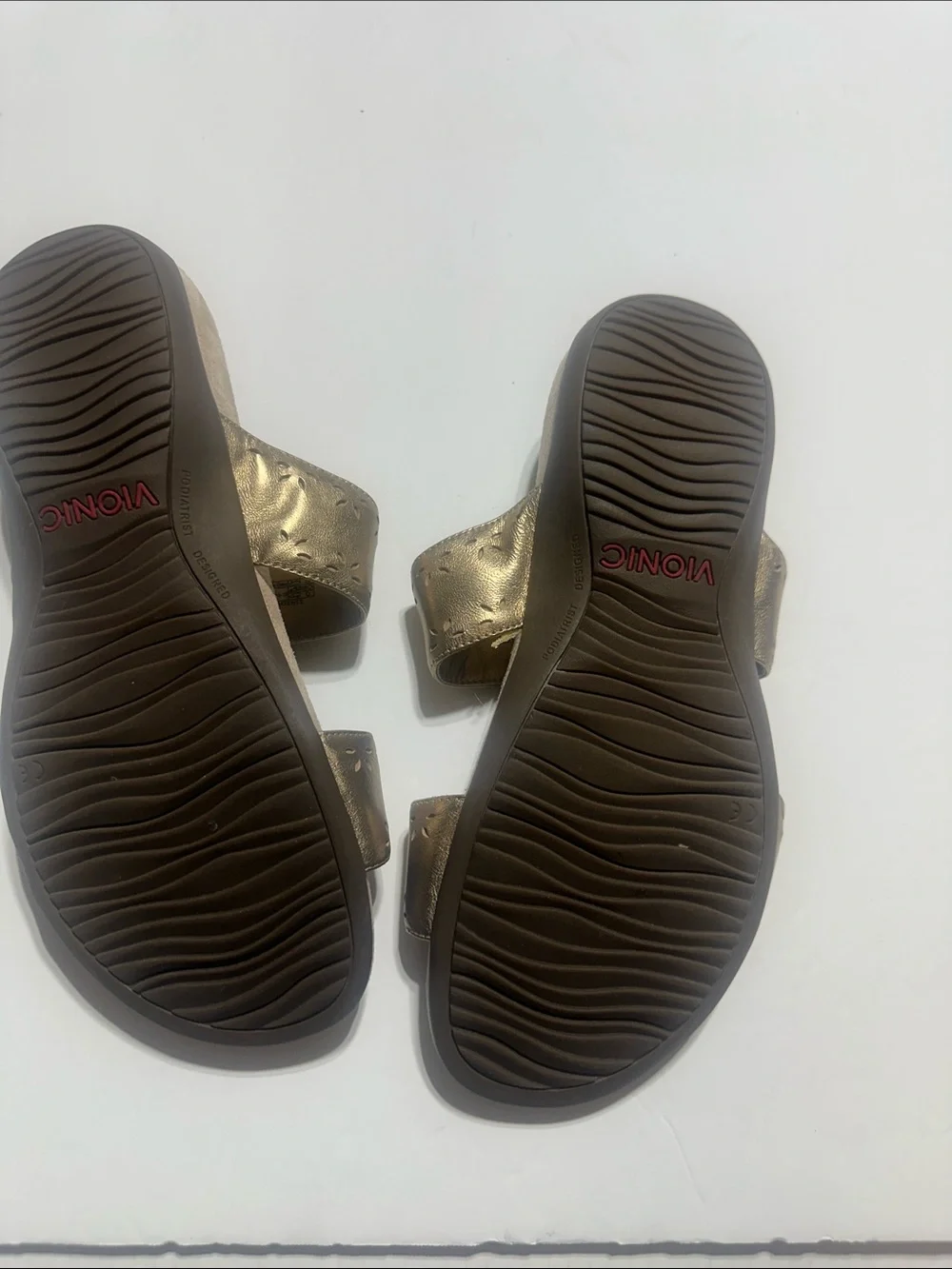 Vionic Randi Metallic Gold Double-Strap Slide Sandals with perforated details
